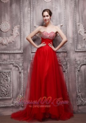 Blood Red Brush Train Net Beading Prom Pageant Dress