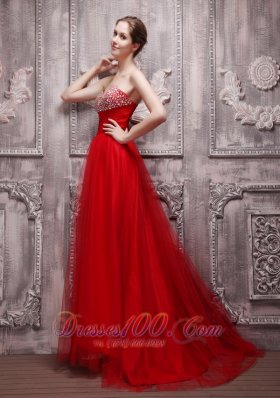 Blood Red Brush Train Net Beading Prom Pageant Dress