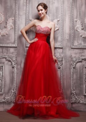 Blood Red Brush Train Net Beading Prom Pageant Dress