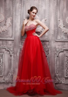 Blood Red Brush Train Net Beading Prom Pageant Dress