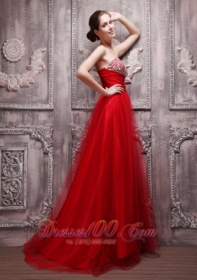 Blood Red Brush Train Net Beading Prom Pageant Dress