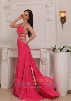 Halter Brush Train Hot Pink Prom Celebrity Pageant Dress