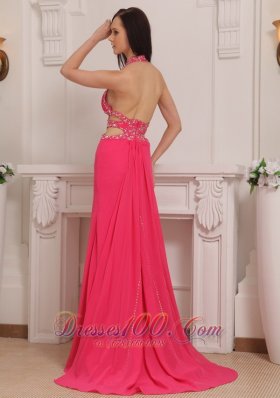 Halter Brush Train Hot Pink Prom Celebrity Pageant Dress