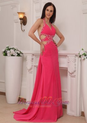 Halter Brush Train Hot Pink Prom Celebrity Pageant Dress