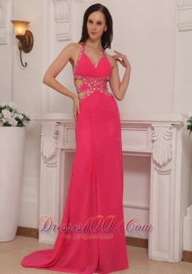 Halter Brush Train Hot Pink Prom Celebrity Pageant Dress