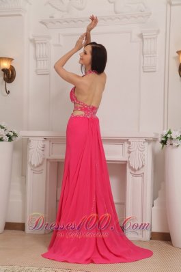 Halter Brush Train Hot Pink Prom Celebrity Pageant Dress