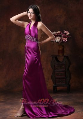 High Slit Halter Prom Dress Brush Train Beaded