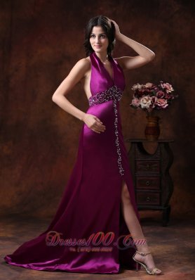 High Slit Halter Prom Dress Brush Train Beaded