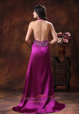 High Slit Halter Prom Dress Brush Train Beaded