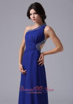 One Shoulder Blue Beaded Chiffon Prom Evening Dress