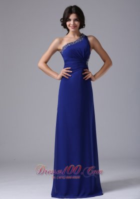 One Shoulder Blue Beaded Chiffon Prom Evening Dress