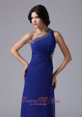 One Shoulder Blue Beaded Chiffon Prom Evening Dress