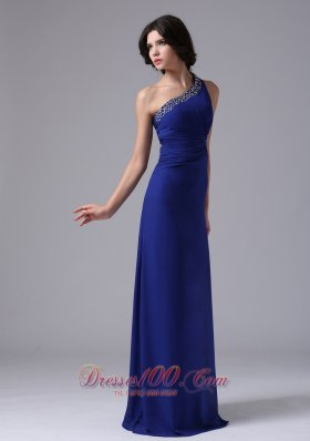 One Shoulder Blue Beaded Chiffon Prom Evening Dress