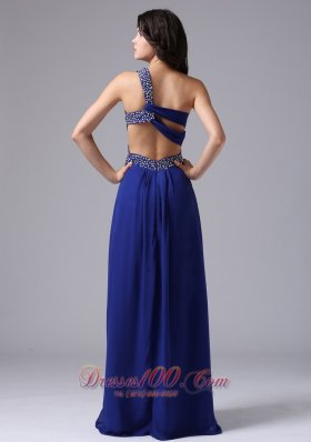 One Shoulder Blue Beaded Chiffon Prom Evening Dress