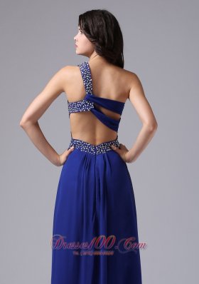 One Shoulder Blue Beaded Chiffon Prom Evening Dress