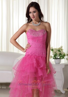 High-low Organza Beading Pink Prom Cocktail Dress