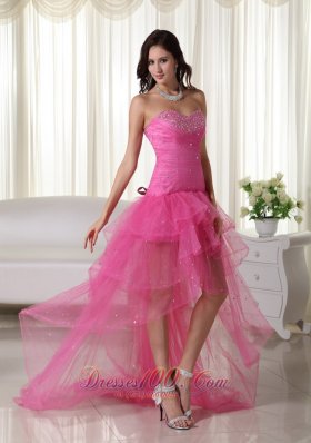 High-low Organza Beading Pink Prom Cocktail Dress