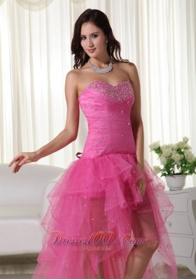 High-low Organza Beading Pink Prom Cocktail Dress