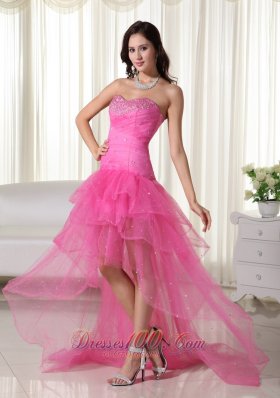 High-low Organza Beading Pink Prom Cocktail Dress