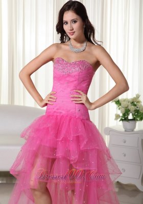 High-low Organza Beading Pink Prom Cocktail Dress