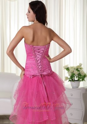 High-low Organza Beading Pink Prom Cocktail Dress