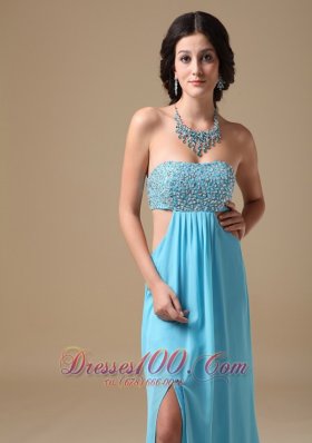 Aqua Empire Strapless Chiffon Beading Prom Evening Dress