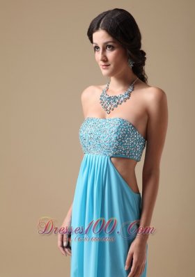 Aqua Empire Strapless Chiffon Beading Prom Evening Dress