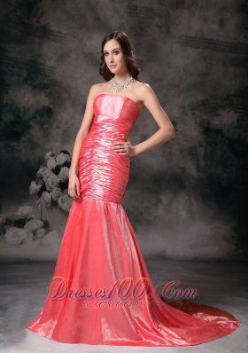 Mermaid Watermelon Red Strapless Ruched Prom Dress