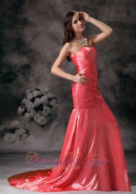 Mermaid Watermelon Red Strapless Ruched Prom Dress