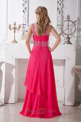V-neck Hot Pink Beading Chiffon Prom Dress