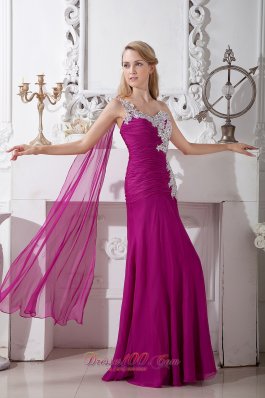 Watteau Train Fuchsia One Shoulder Appliques Prom Evening Dress