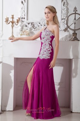 Watteau Train Fuchsia One Shoulder Appliques Prom Evening Dress