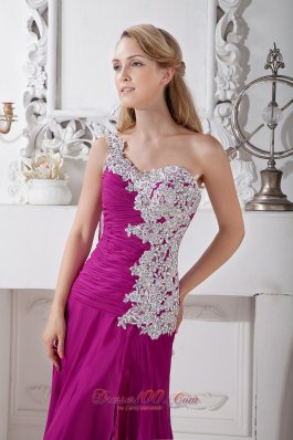 Watteau Train Fuchsia One Shoulder Appliques Prom Evening Dress