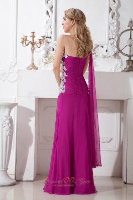 Watteau Train Fuchsia One Shoulder Appliques Prom Evening Dress