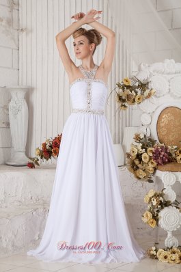 White Halter Top Chiffon Prom Dress with Beading