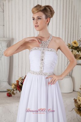 White Halter Top Chiffon Prom Dress with Beading