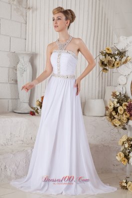 White Halter Top Chiffon Prom Dress with Beading