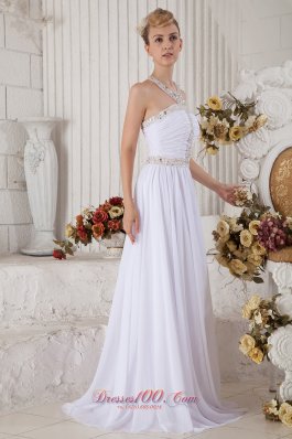 White Halter Top Chiffon Prom Dress with Beading