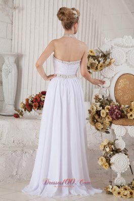 White Halter Top Chiffon Prom Dress with Beading