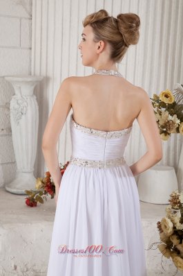 White Halter Top Chiffon Prom Dress with Beading