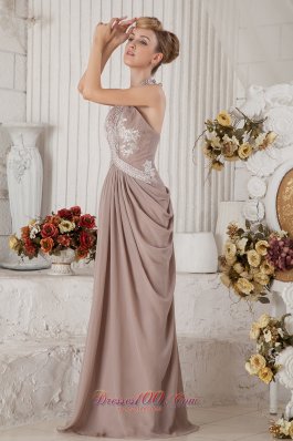 Halter Drapping Appliques Beaded Champagne Prom Evening Dress