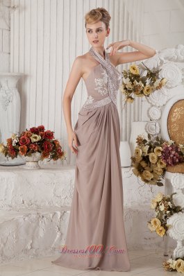 Halter Drapping Appliques Beaded Champagne Prom Evening Dress