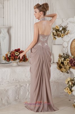 Halter Drapping Appliques Beaded Champagne Prom Evening Dress