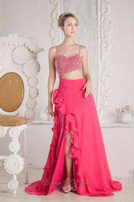 Spaghetti Straps Hot Pink Beaded Chiffon Prom Pageant Dress