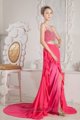 Spaghetti Straps Hot Pink Beaded Chiffon Prom Pageant Dress