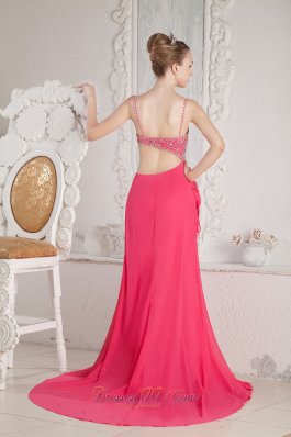 Spaghetti Straps Hot Pink Beaded Chiffon Prom Pageant Dress