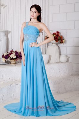 One Shoulder Aqua Blue Brush Train Prom Dress