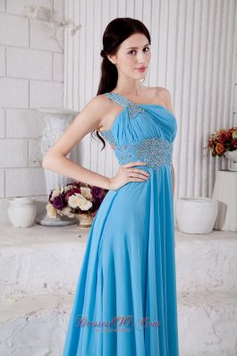 One Shoulder Aqua Blue Brush Train Prom Dress