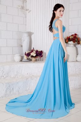 One Shoulder Aqua Blue Brush Train Prom Dress