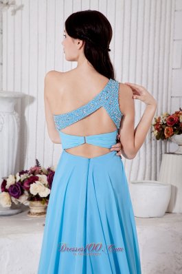 One Shoulder Aqua Blue Brush Train Prom Dress